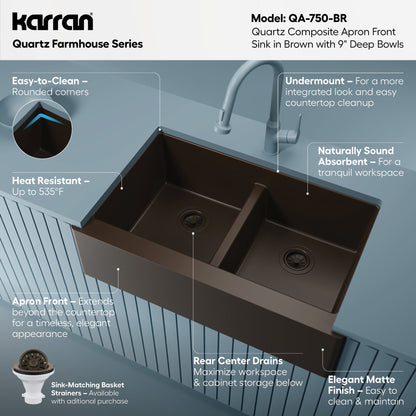 34" Farmhouse Double Equal Bowl Quartz Composite Kitchen Sink In Brown