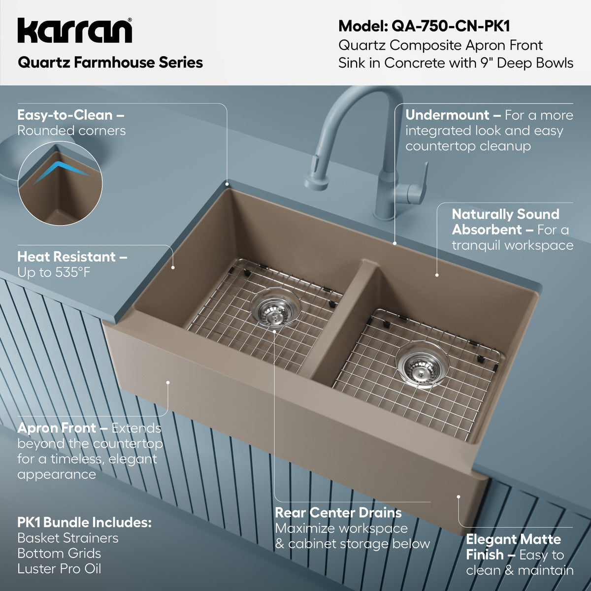 34" Farmhouse Double Equal Bowl Quartz Composite Kitchen Sink Kit In Concrete