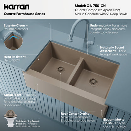 34" Farmhouse Double Equal Bowl Quartz Composite Kitchen Sink In Concrete