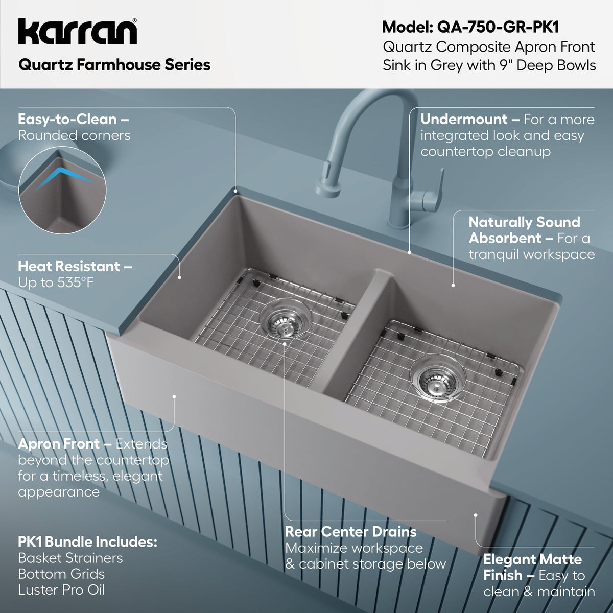 34" Farmhouse Double Equal Bowl Quartz Composite Kitchen Sink Kit In Grey