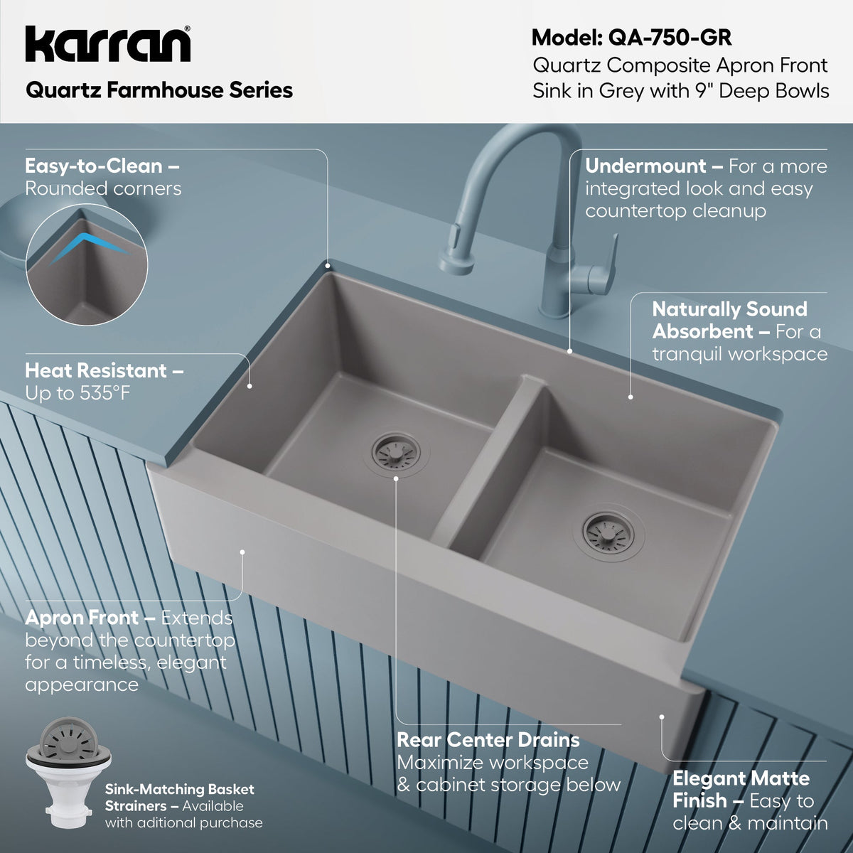 34" Farmhouse Double Equal Bowl Quartz Composite Kitchen Sink In Grey