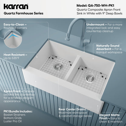 34" Farmhouse Double Equal Bowl Quartz Composite Kitchen Sink Kit In White