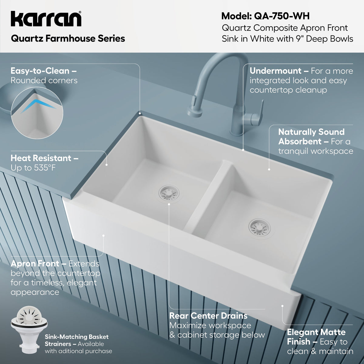 34" Farmhouse Double Equal Bowl Quartz Composite Kitchen Sink In White