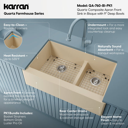 34" Farmhouse Double Offset Bowl Quartz Composite Kitchen Sink Kit In Bisque