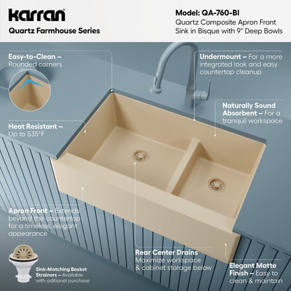 34" Farmhouse Double Offset Bowl Quartz Composite Kitchen Sink In Bisque