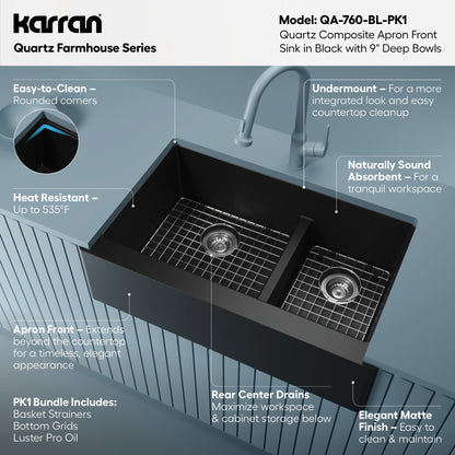 34" Farmhouse Double Offset Bowl Quartz Composite Kitchen Sink Kit In Black