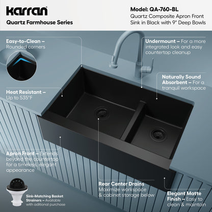 34" Farmhouse Double Offset Bowl Quartz Composite Kitchen Sink In Black