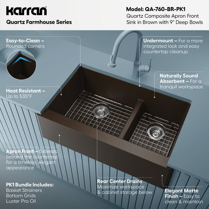 34" Farmhouse Double Offset Bowl Quartz Composite Kitchen Sink Kit In Brown