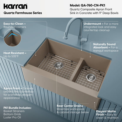 34" Farmhouse Double Offset Bowl Quartz Composite Kitchen Sink Kit In Concrete