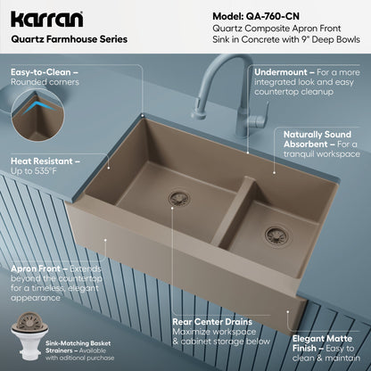 34" Farmhouse Double Offset Bowl Quartz Composite Kitchen Sink In Concrete