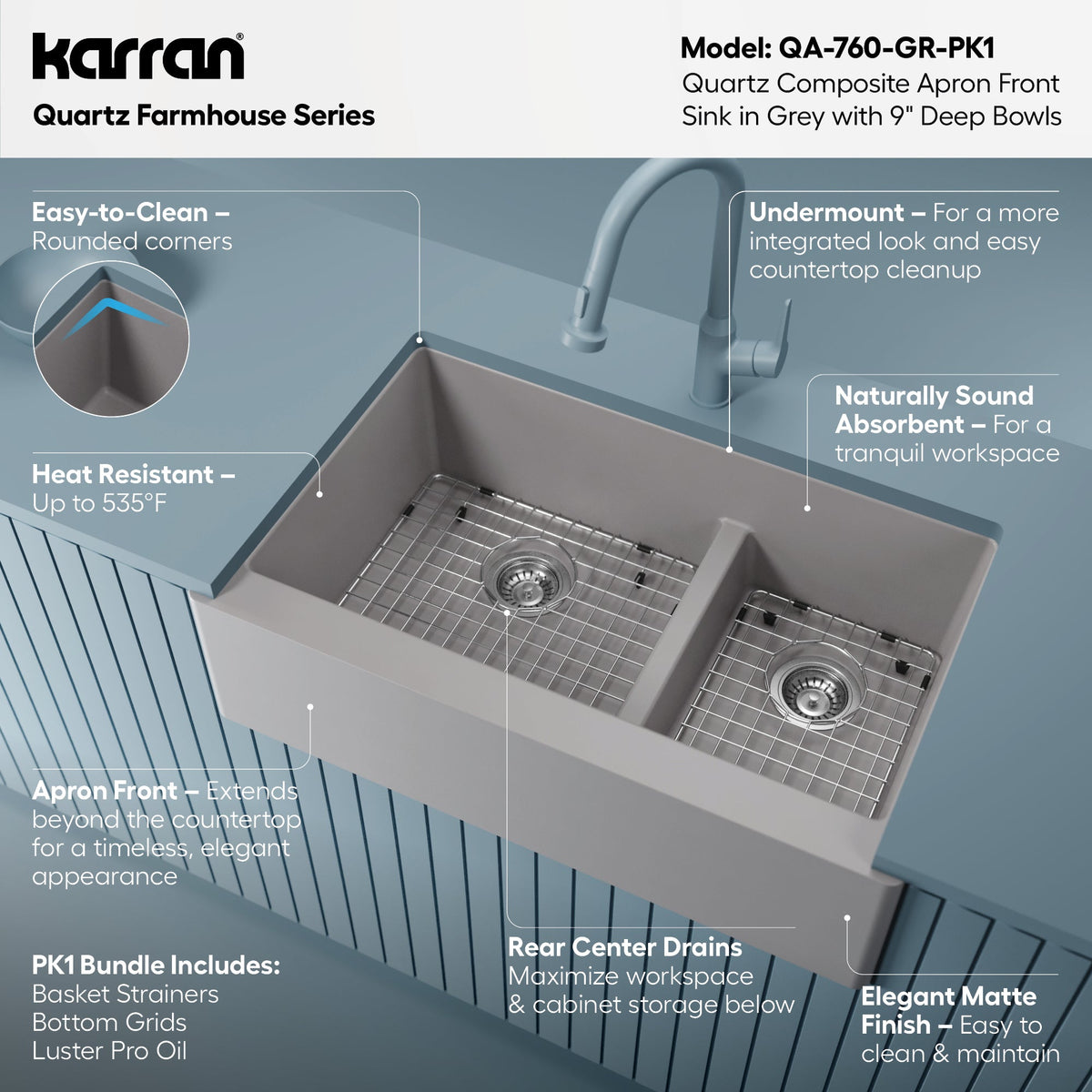 34" Farmhouse Double Offset Bowl Quartz Composite Kitchen Sink Kit In Grey