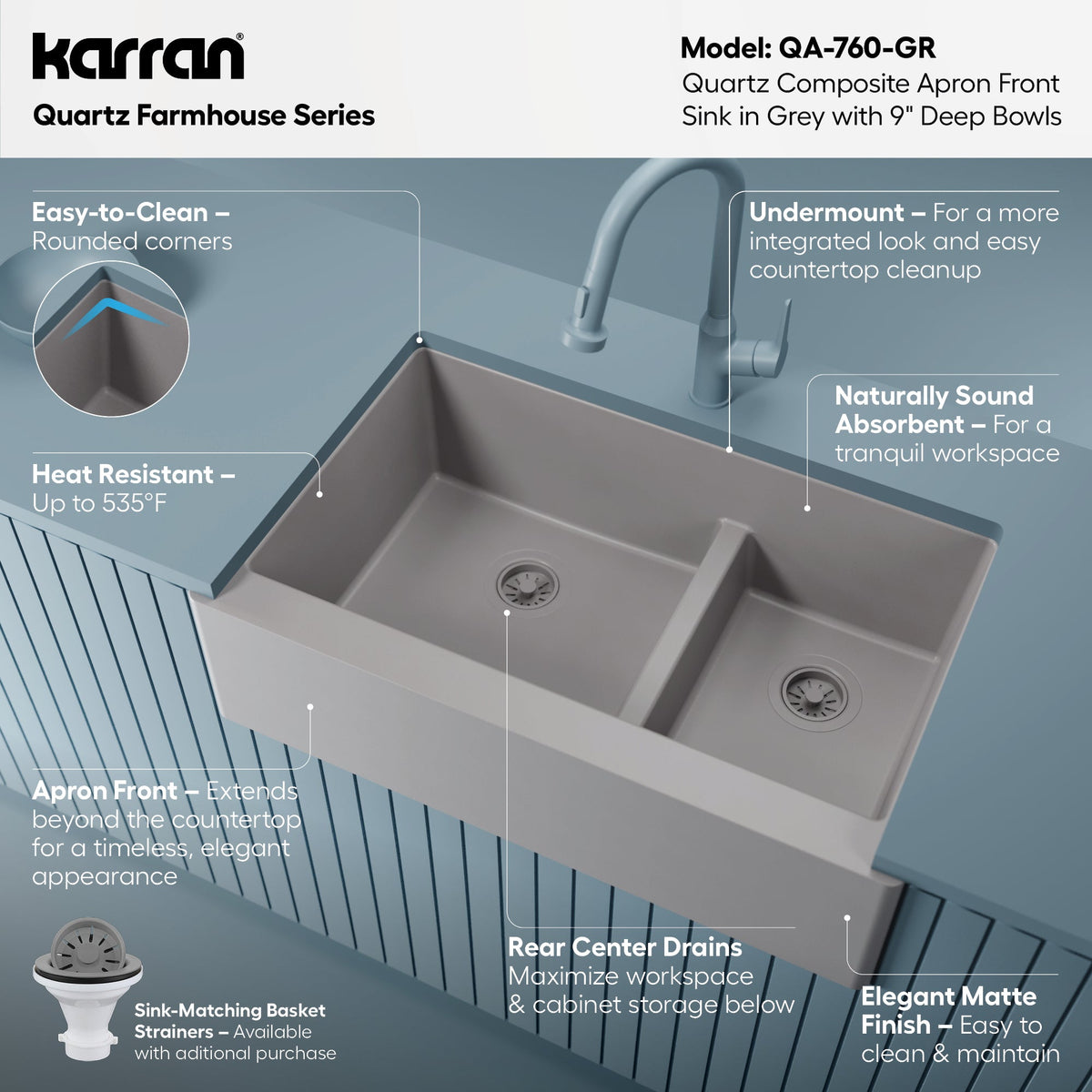 34" Farmhouse Double Offset Bowl Quartz Composite Kitchen Sink In Grey