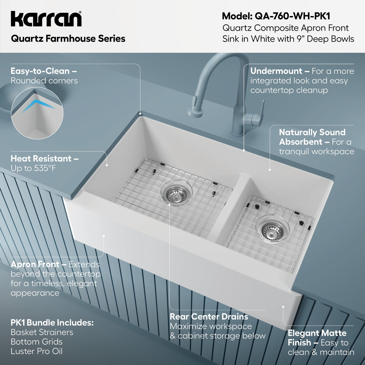 34" Farmhouse Double Offset Bowl Quartz Composite Kitchen Sink Kit In White