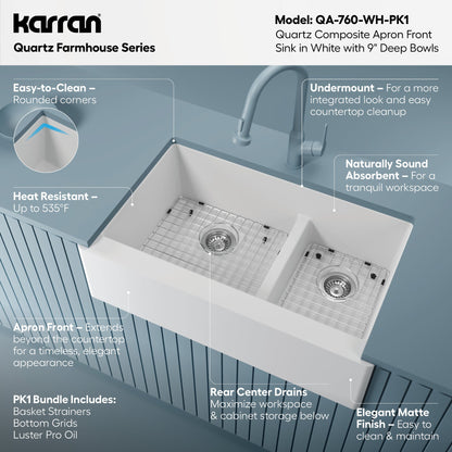 34" Farmhouse Double Offset Bowl Quartz Composite Kitchen Sink Kit In White