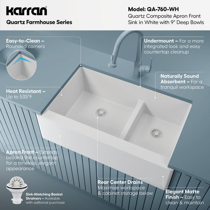 34" Farmhouse Double Offset Bowl Quartz Composite Kitchen Sink In White