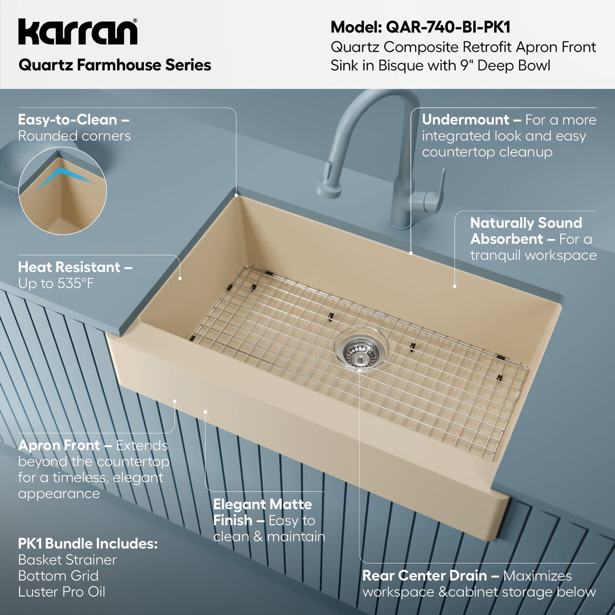 34"" Retrofit Farmhouse Large Single Bowl Quartz Composite Kitchen Sink Kit In Bisque