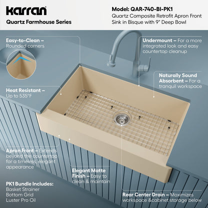 34"" Retrofit Farmhouse Large Single Bowl Quartz Composite Kitchen Sink Kit In Bisque