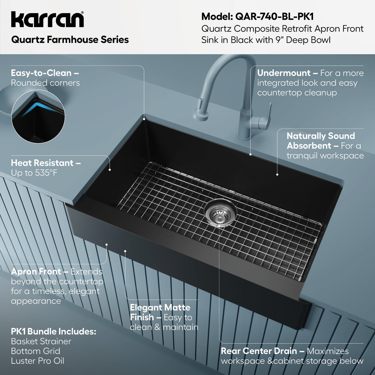34" Retrofit Farmhouse Large Single Bowl Quartz Composite Kitchen Sink Kit In Black