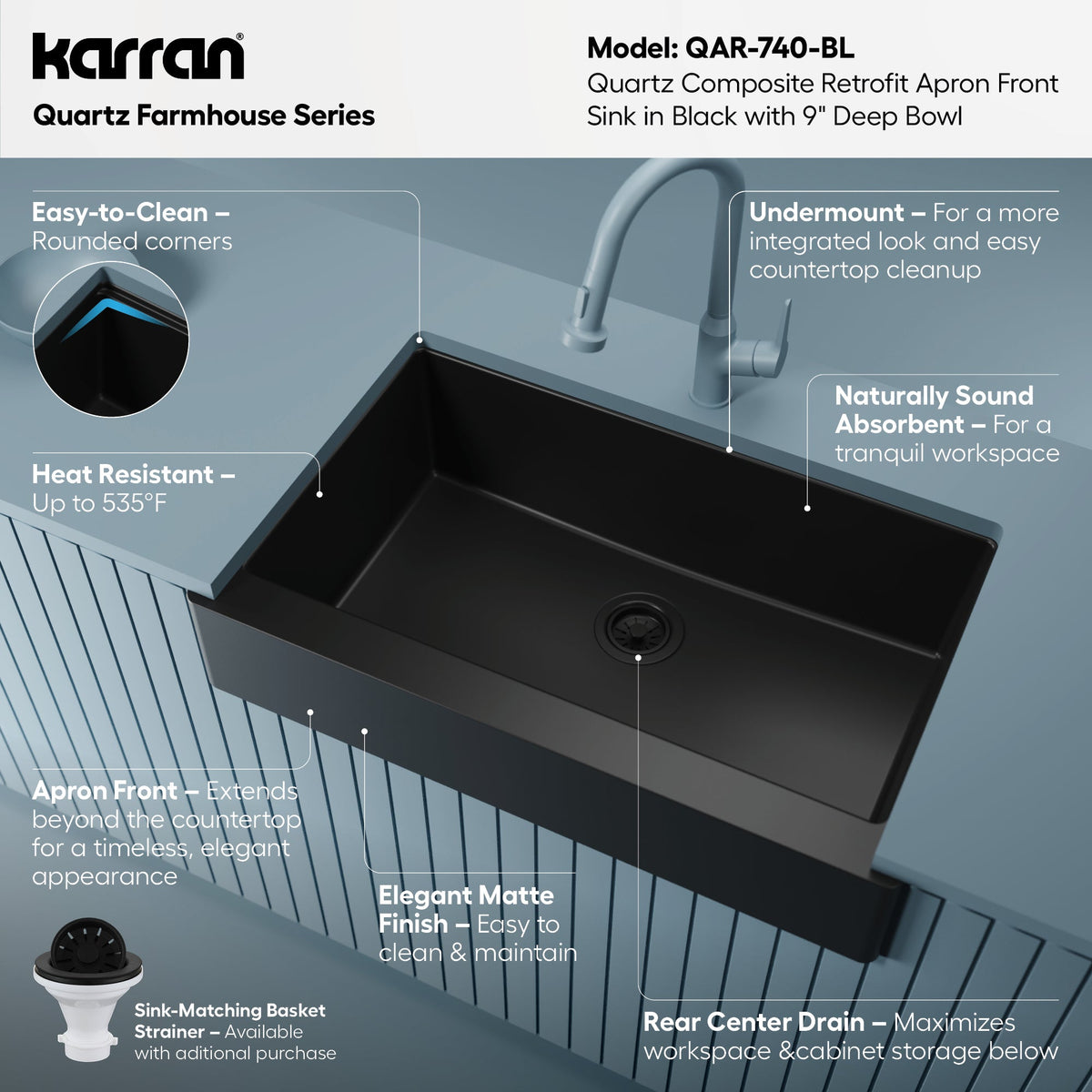 34" Retrofit Farmhouse Large Single Bowl Quartz Composite Kitchen Sink In Black