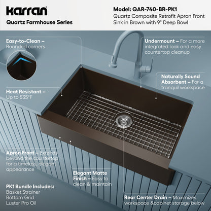 34" Retrofit Farmhouse Large Single Bowl Quartz Composite Kitchen Sink Kit In Brown