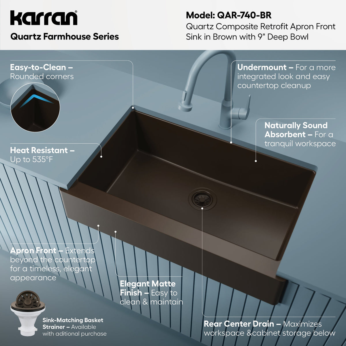 34" Retrofit Farmhouse Large Single Bowl Quartz Composite Kitchen Sink In Brown