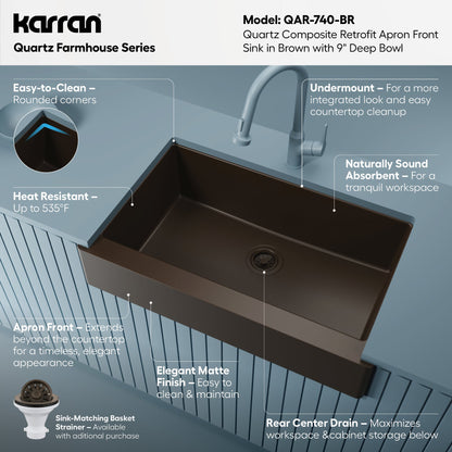 34" Retrofit Farmhouse Large Single Bowl Quartz Composite Kitchen Sink In Brown