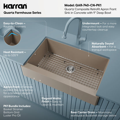 34" Retrofit Farmhouse Large Single Bowl Quartz Composite Kitchen Sink Kit In Concrete