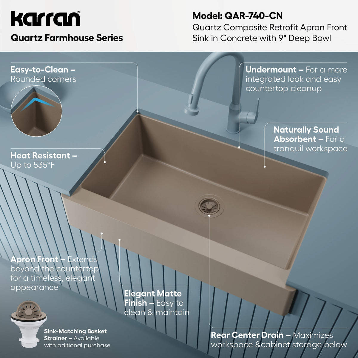 34" Retrofit Farmhouse Large Single Bowl Quartz Composite Kitchen Sink In Concrete
