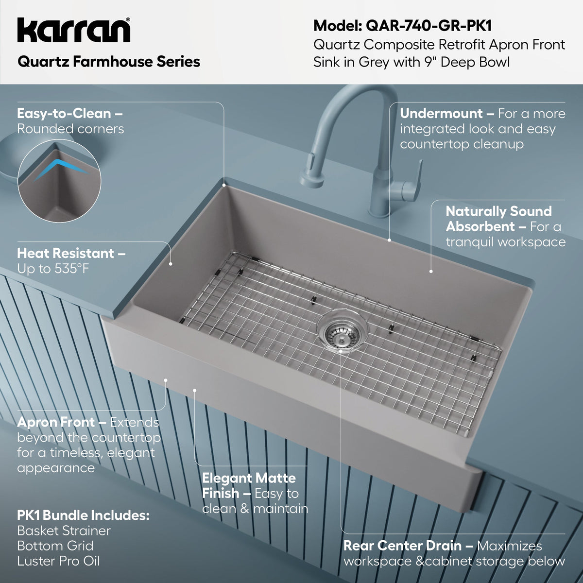 34" Retrofit Farmhouse Large Single Bowl Quartz Composite Kitchen Sink Kit In Grey