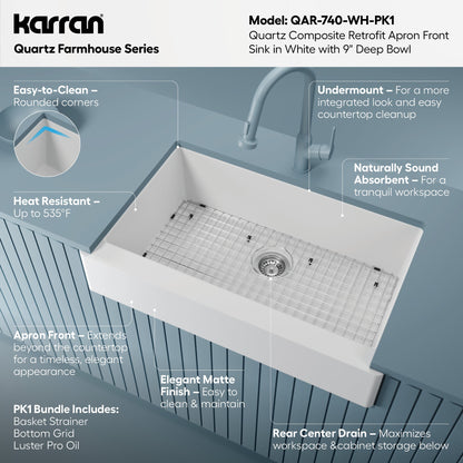 34" Retrofit Farmhouse Large Single Bowl Quartz Composite Kitchen Sink Kit In White