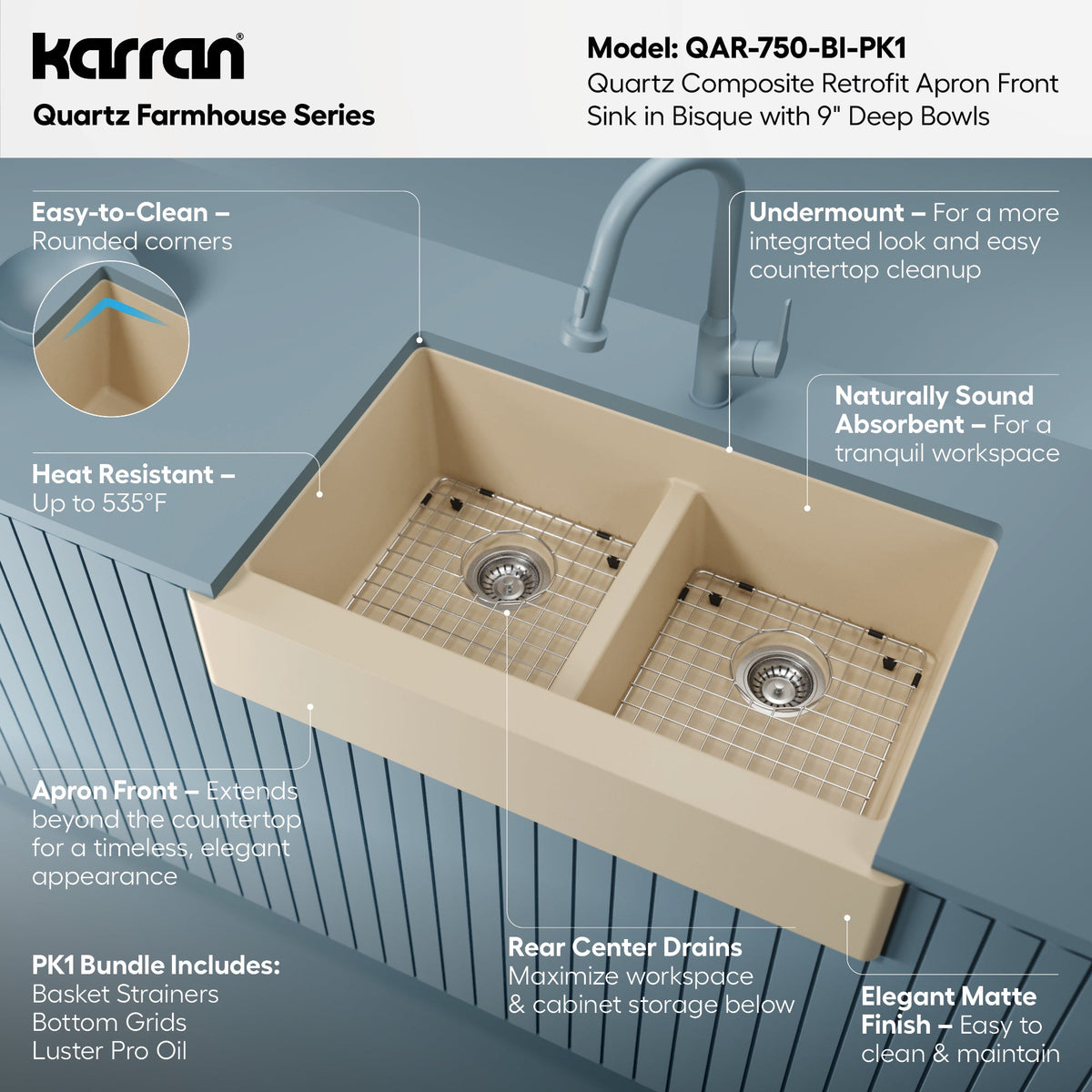 34" Retrofit Farmhouse Double Equal Bowl Quartz Composite Kitchen Sink Kit In Bisque