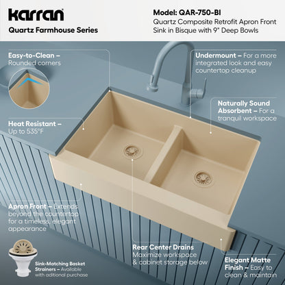 34" Retrofit Farmhouse Double Equal Bowl Quartz Composite Kitchen Sink In Bisque