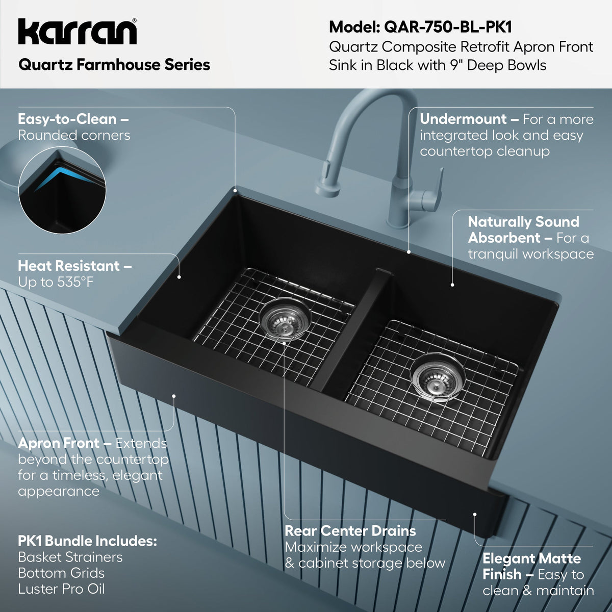 34" Retrofit Farmhouse Double Equal Bowl Quartz Composite Kitchen Sink Kit In Black