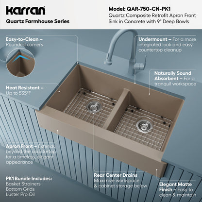 34" Retrofit Farmhouse Double Equal Bowl Quartz Composite Kitchen Sink Kit In Concrete