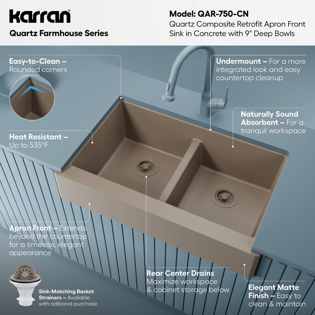 34" Retrofit Farmhouse Double Equal Bowl Quartz Composite Kitchen Sink In Concrete
