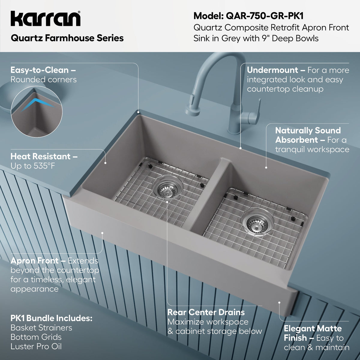 34" Retrofit Farmhouse Double Equal Bowl Quartz Composite Kitchen Sink Kit In Grey