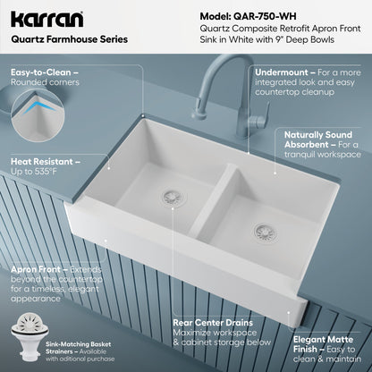 34" Retrofit Farmhouse Double Equal Bowl Quartz Composite Kitchen Sink In White
