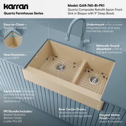 34" Retrofit Farmhouse Double Offset Bowl Quartz Composite Kitchen Sink Kit In Bisque