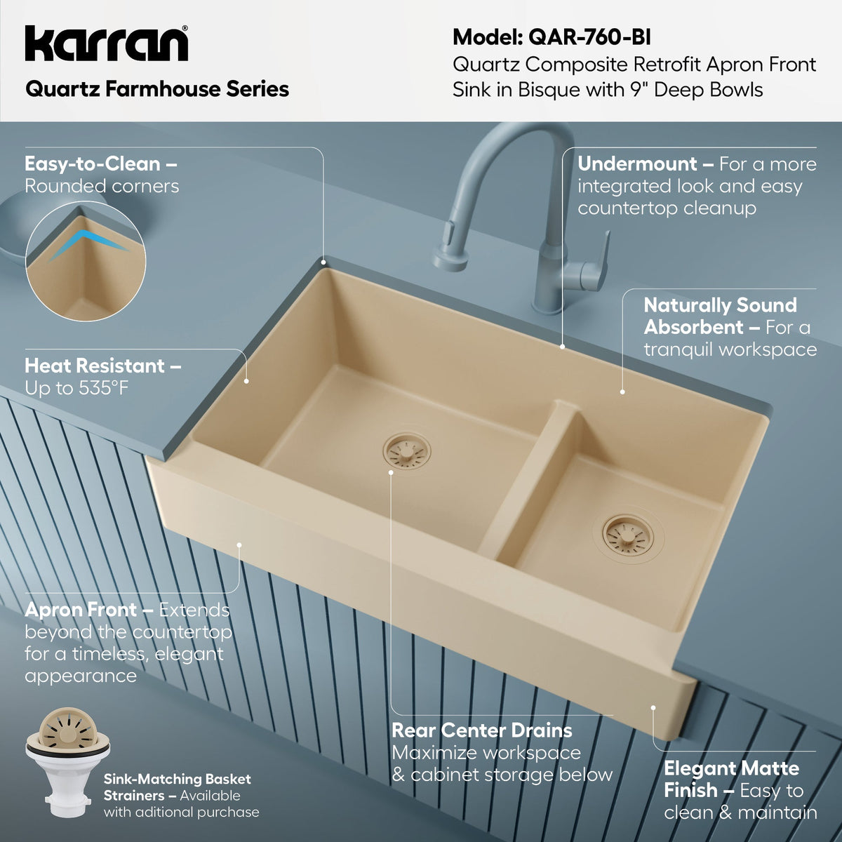 34" Retrofit Farmhouse Double Offset Bowl Quartz Composite Kitchen Sink In Bisque