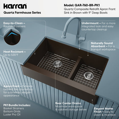 34" Retrofit Farmhouse Double Offset Bowl Quartz Composite Kitchen Sink Kit In Brown
