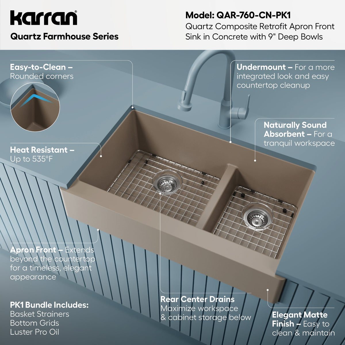 34" Retrofit Farmhouse Double Offset Bowl Quartz Composite Kitchen Sink Kit In Concrete