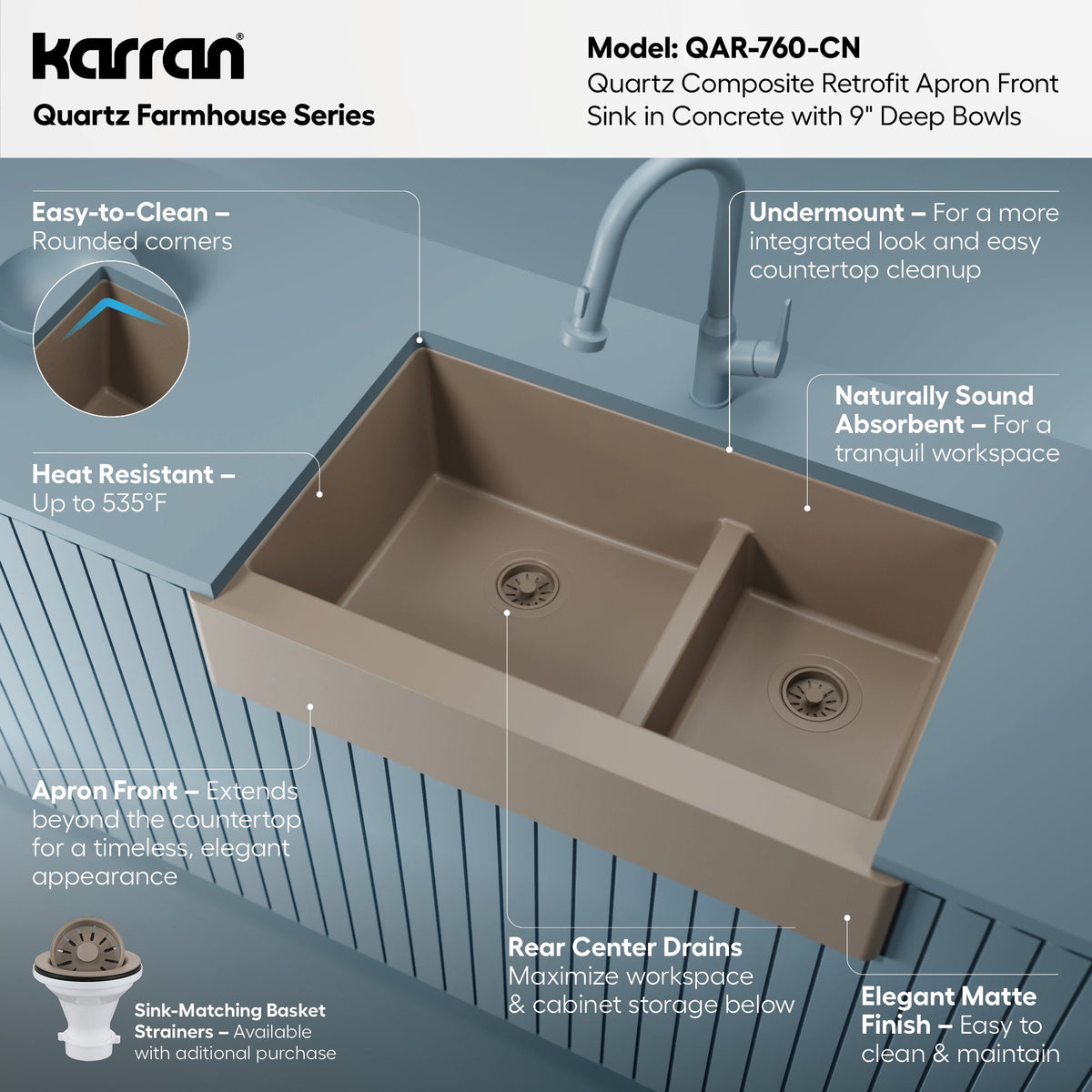 34" Retrofit Farmhouse Double Offset Bowl Quartz Composite Kitchen Sink In Concrete