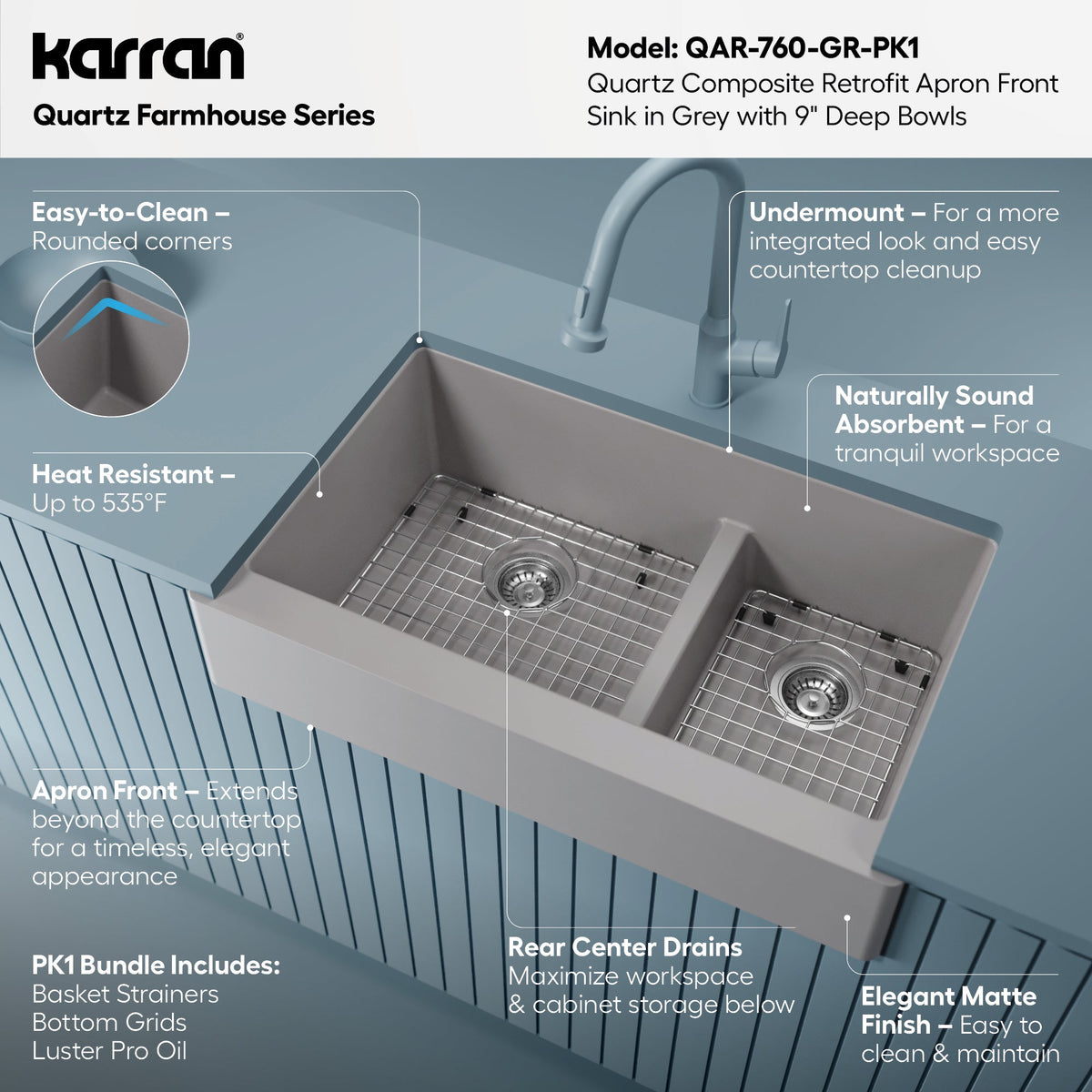 34" Retrofit Farmhouse Double Offset Bowl Quartz Composite Kitchen Sink Kit In Grey