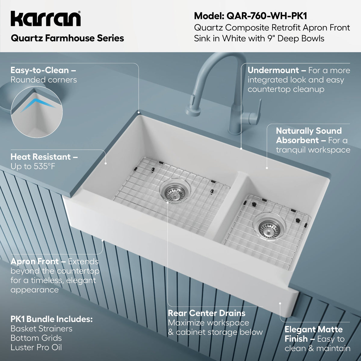 34" Retrofit Farmhouse Double Offset Bowl Quartz Composite Kitchen Sink Kit In White