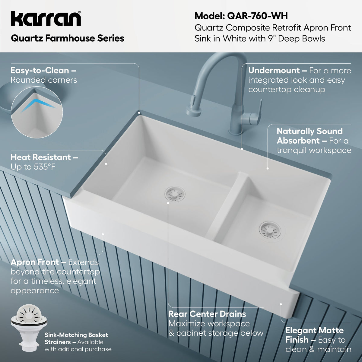 34" Retrofit Farmhouse Double Offset Bowl Quartz Composite Kitchen Sink In White