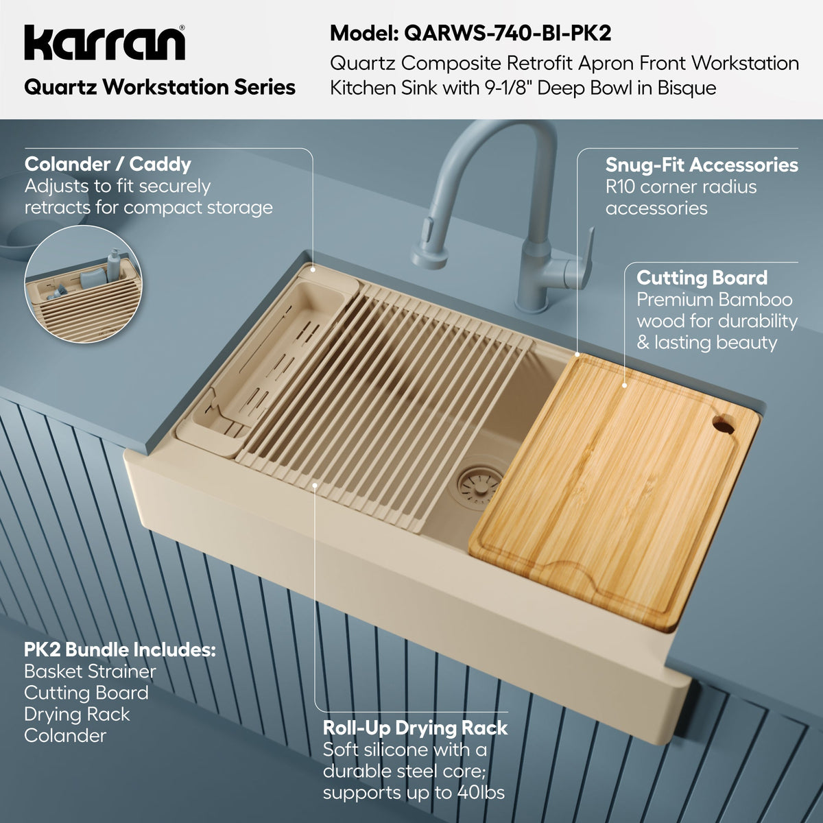 34" Apron Front Single Bowl Quartz Kitchen Sink Kit In Bisque