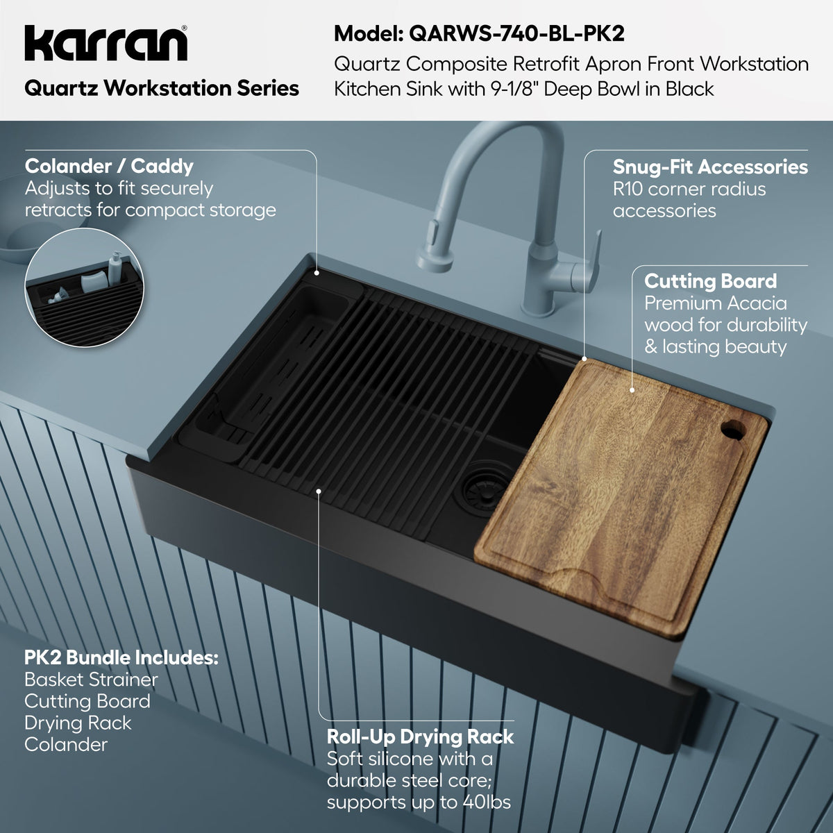 34" Apron Front Single Bowl Quartz Kitchen Sink Kit In Black