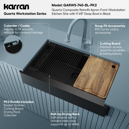 34" Apron Front Single Bowl Quartz Kitchen Sink Kit In Black