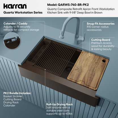 34" Apron Front Single Bowl Quartz Kitchen Sink Kit In Brown