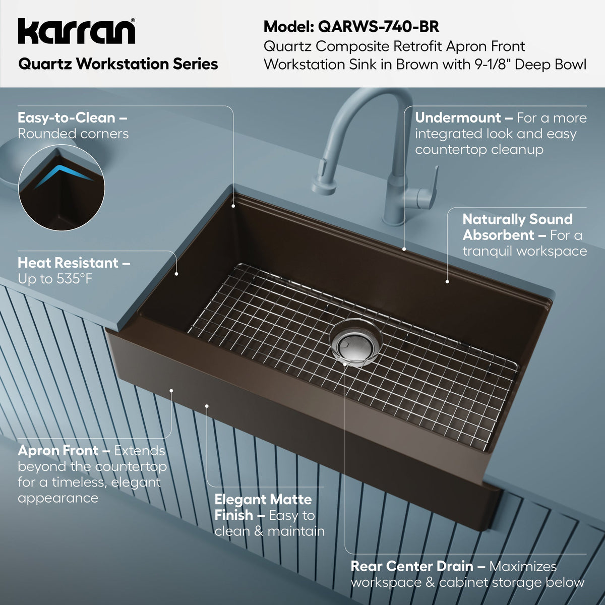 34" Retrofit Farmhouse Large Single Bowl Quartz Composite Workstation Kitchen Sink In Brown